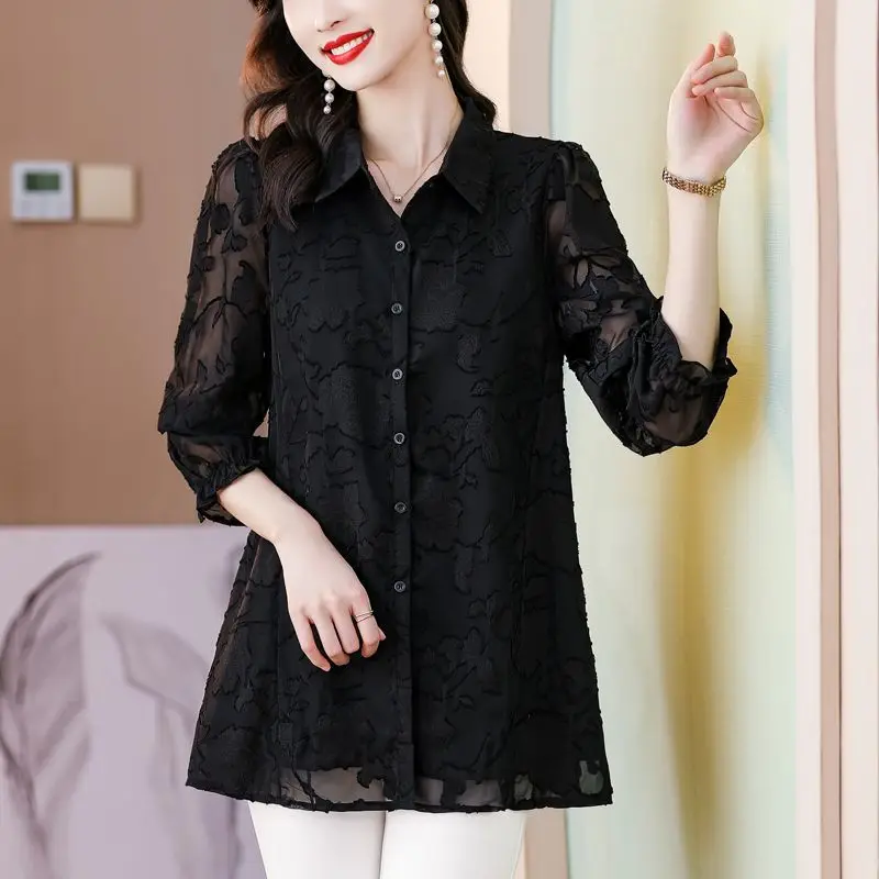 Office Lady Stylish Jacquard Weave Blouse Korean Solid Color Women's Clothing Casual Spring Autumn Single-breasted Lapel Shirt