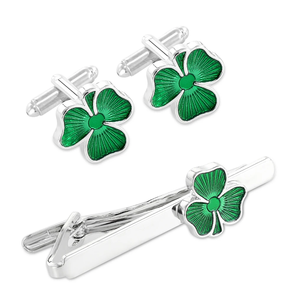 Herren grüne Kleeblatt Manschetten knöpfe & Krawatten klammer Glück Schmuck Geschenk für Jungen – Detail 8