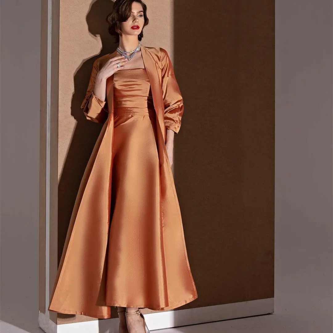 

Elegant Short Orange Taffeta Prom Dresses With Wrap A-Line Strapless Ankle Length Formal Evening Dress for Women
