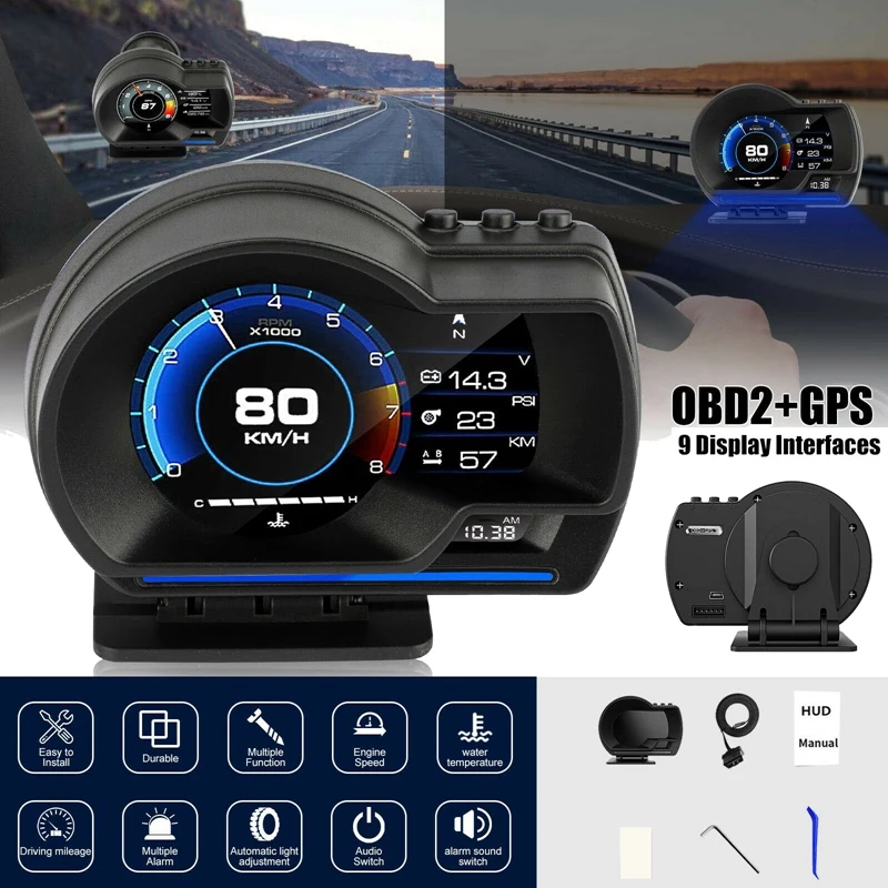 

Автомобильный датчик HUD OBD2 + GPS, цифровой дисплей, спидометр, измеритель оборотов в минуту, датчик температуры воды и масла, устранение кода неисправности