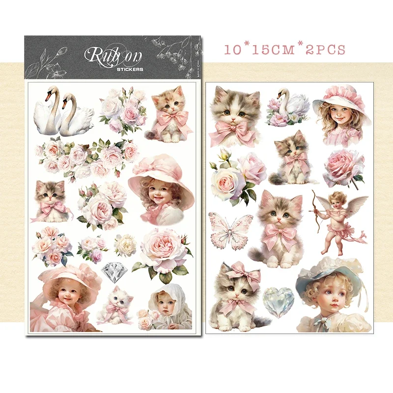 2 Sheet Kawaii Cat Girl RUB ON Transfer Stickers Junk Journal Collage Flower Stickers DIY Album Scrapbooking Craft decorative stickers diy scrapbooking accessories