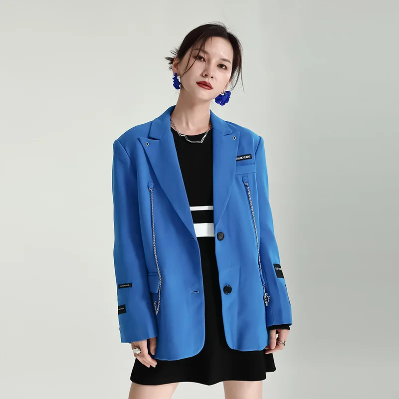 

2022 Design Sense Black Chain Silhouette Blazer Loose Thin Suit Tops Female Women's Clothing