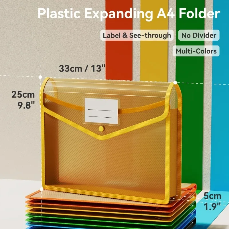 Set di 5 buste portadocumenti trasparenti in PP formato A4 con bottoni, rinforzate e con bordi rifiniti, ideali per archiviare cartelle e documenti._voghion.com