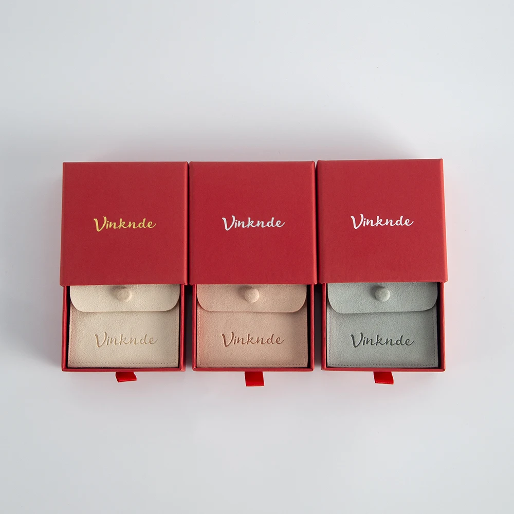 9x9x1.7cm Red Paper Jewelry Box with 8x8cm Microfiber Button Gift Bag Set Can Personalized Logo for Wedding Christmas Ramadan