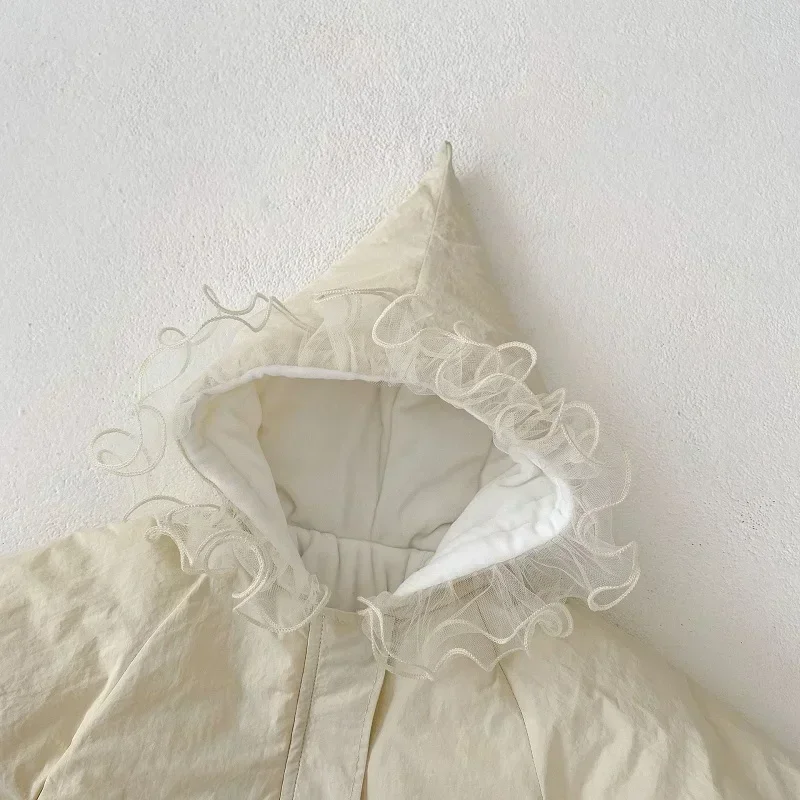 Winter Princess Baby Girl Down Coat 0-3Years Kids Long Sleeve Lace Hooded Fleece Thicken Snow Wear Warm Outerwear Clothes