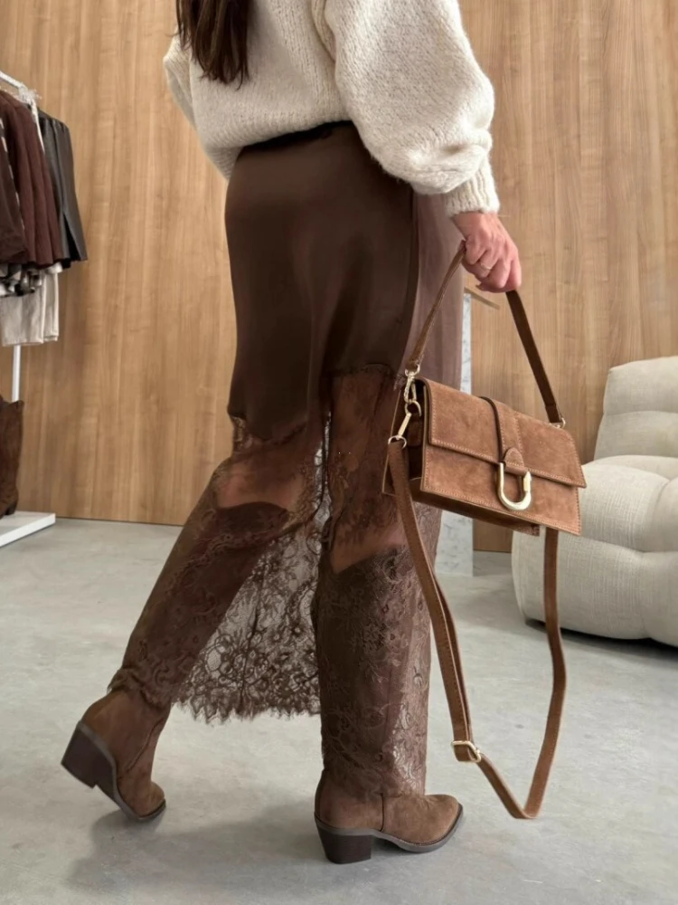 Women Patchwork Lace Skirts 2025 New High Waist Slim Hollow Out Maxi Skirts Autumn Brown Fashion Party Club Boho Skirt