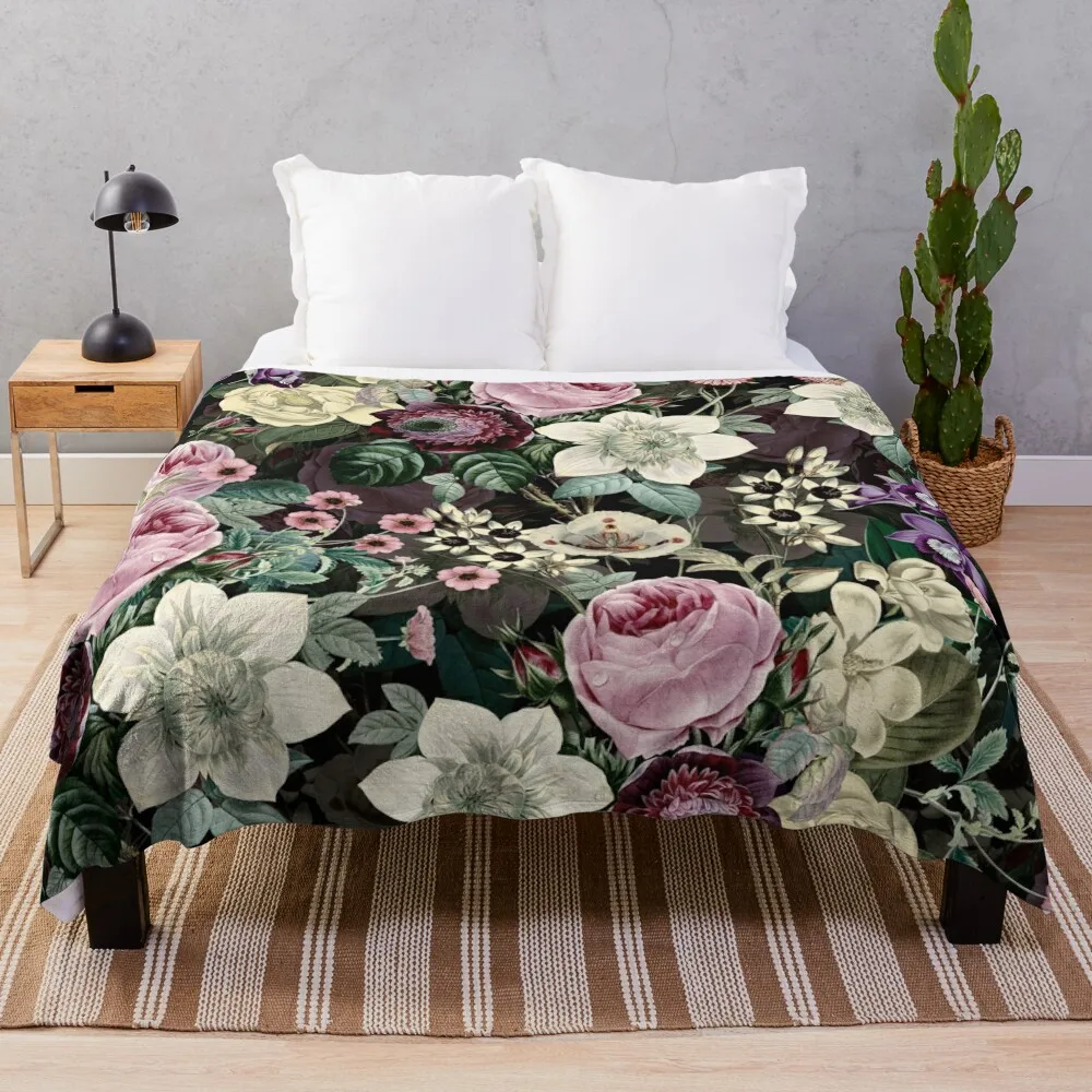 

Vintage Lush English Flower Botanical Night Garden Pattern Throw Blanket Summer Dorm Room Essentials sofa bed Heavy Blankets