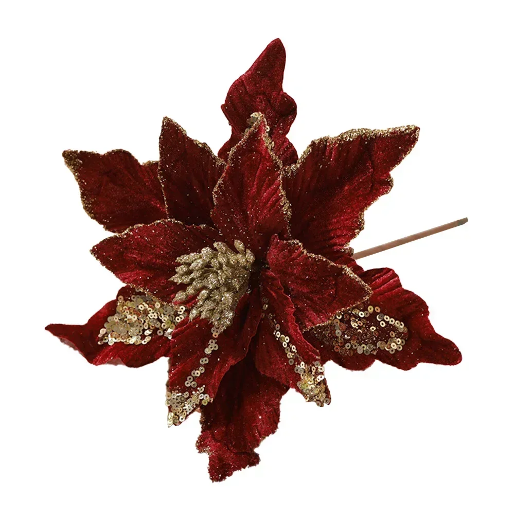 thumbnail image 1 of Flor de Pascua navideña con purpurina, árbol de Navidad, flores rojas, blancas, rosas y verdes, cabeza de flor colgante, decoración navideña de Año Nuevo, 1 of 5