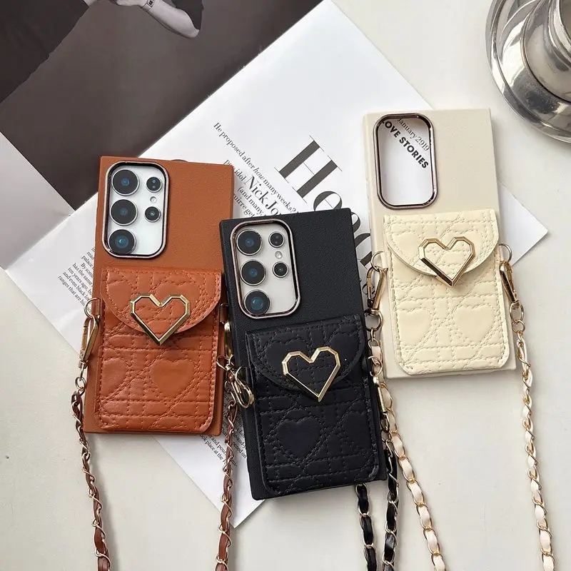 Elegant Heart Leather Wallet Phone Case with Chain Lanyard - Versatile Soft Cover