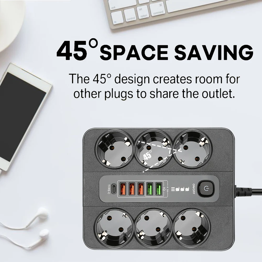 3000W EU Plug Smart Power Strip Extension Cable 6 AC Outlets Multiple Type C USB Ports Fast Charging Overload Protection Socket