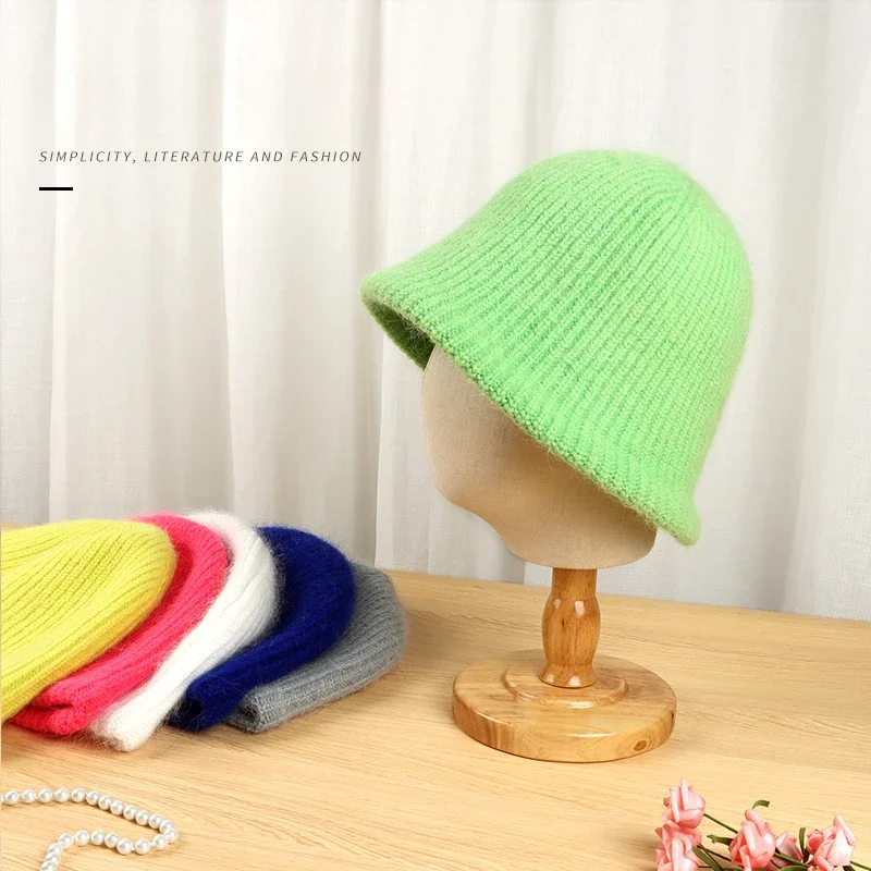

Rabbit Fur Knitted Fisherman Hat Women's New Round Top Woolen Hat Versatile Autumn and Winter Solid Color Bucket Hat