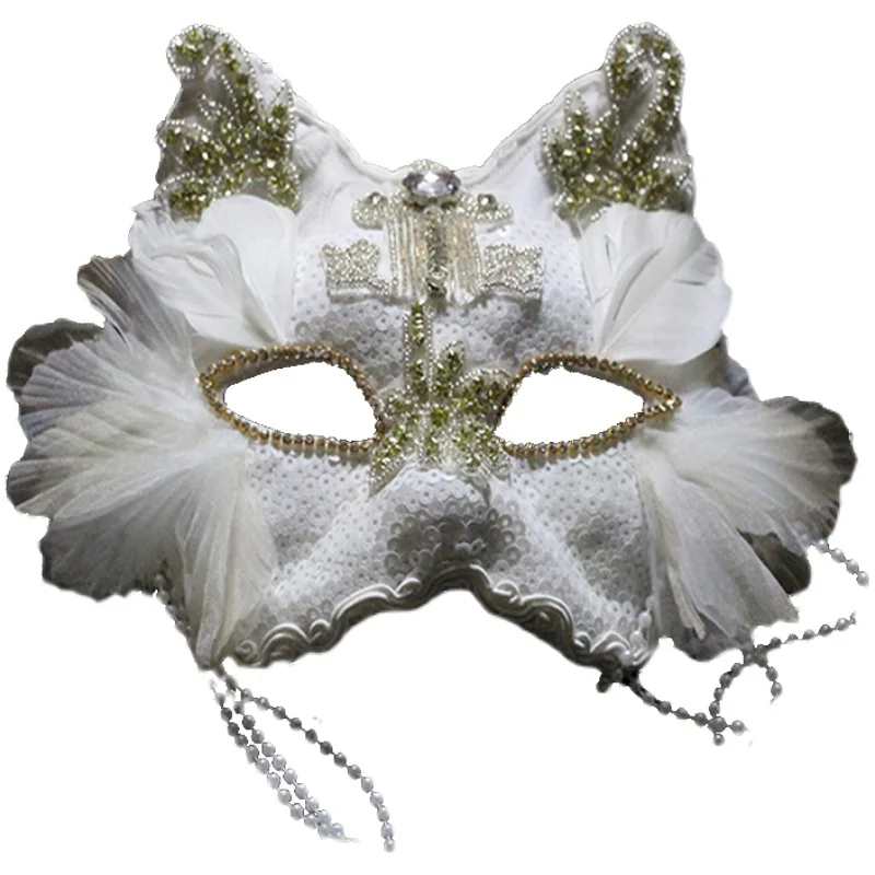 

Masquerade Cat Mask Fox White Heavy Handmade Light Luxury Halloween Party Singer Fashion