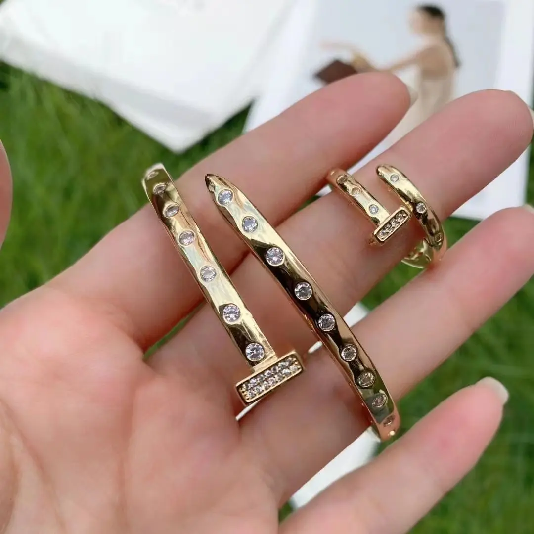 

3 Sets, Fashion Gold Color CZ Zircon Bangles Screws Bracelets Rings Sets For Women Girl Decoration Jewelry Gift