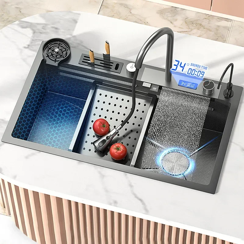 

Stainless Steel Kitchen Sink Embossed Waterfall Large Single Slot Multifunctional Washbasin Left Water On The Right Side