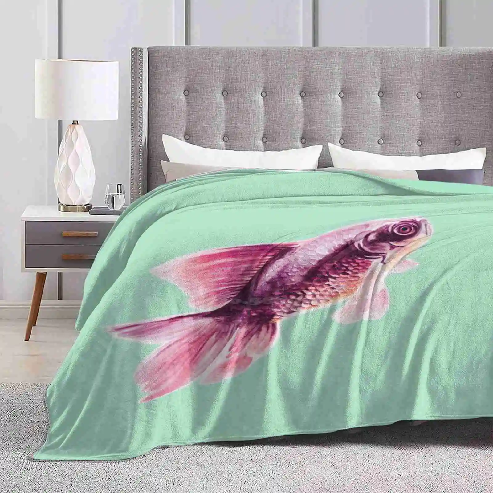 

Magneta Fish On Mint Creative Design Comfortable Warm Flannel Blanket Goldfish Pink Mint