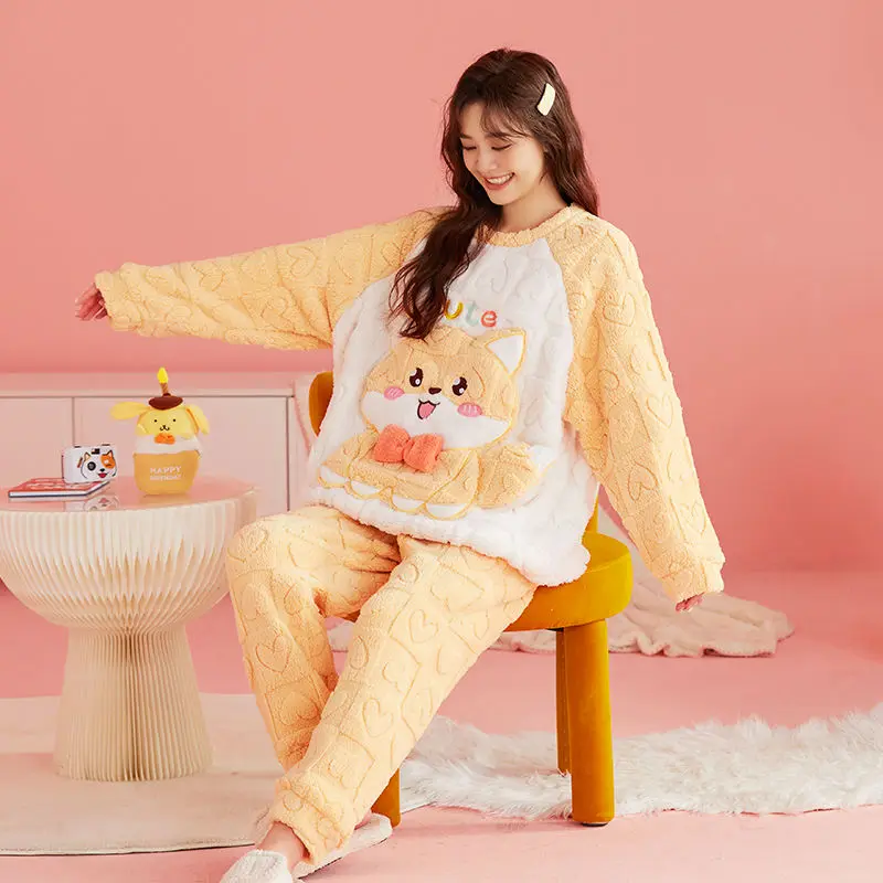 Pajamas Women Autumn Winter Loungewear Suit Warm Coral Velvet Plus Padded Sleepwear Flannel Round Neck Pullover Home Clothes Set