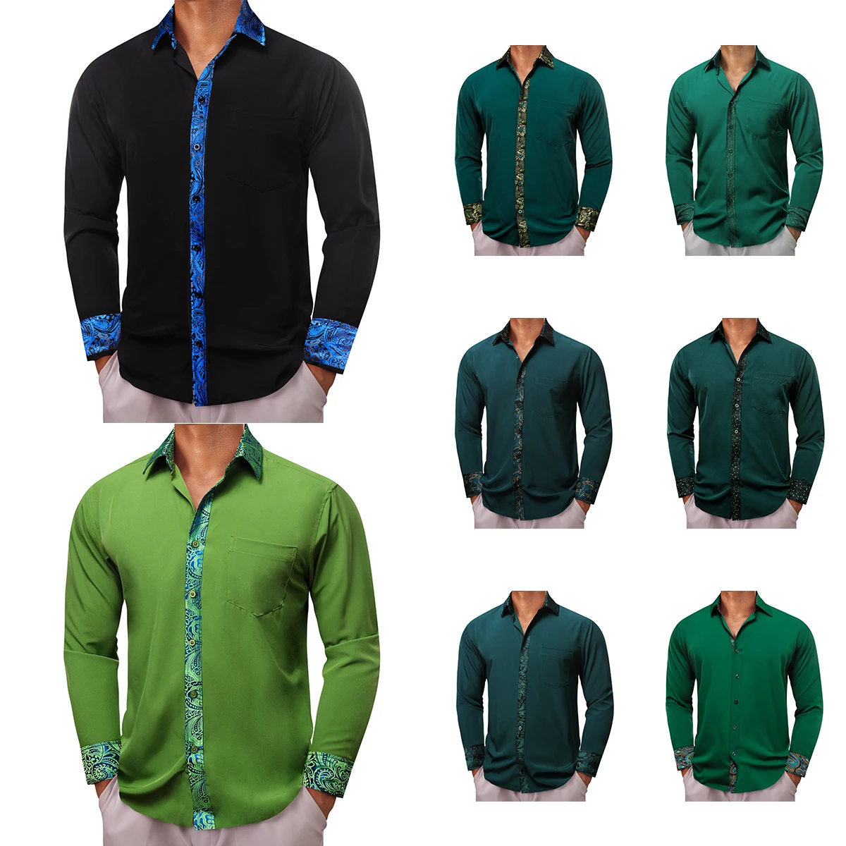 

Designer Shirts for Men Silk Long Sleeve Black Green Solid Plain Paisley Patch Slim Fit Male Blouses Casual Tops Barry Wang