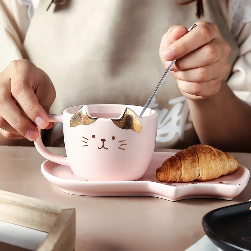 Ceramic Coffee Cup With Saucer Spoon Set Creative Cute Cartoon Cat Tea Cup Breakfast Milk Coffee Mug Bread Dessert Dish Gift