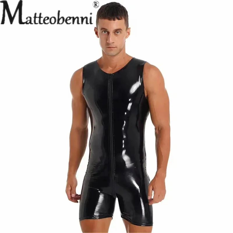 Men bodysuit jumpsuit S-7XL PU Leather Two Way Zipper Open Crotch Sleeveless Wet Look Slim Rompers Cosplay Palysuits