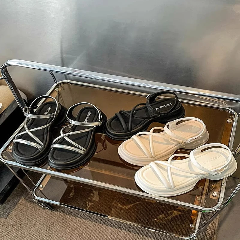 

Summer New Fashion Open Toe Round Toe Narrow Strap Beach Women's Shoes Casual Solid Color Leather Beach Womens Sandals Zapatilla