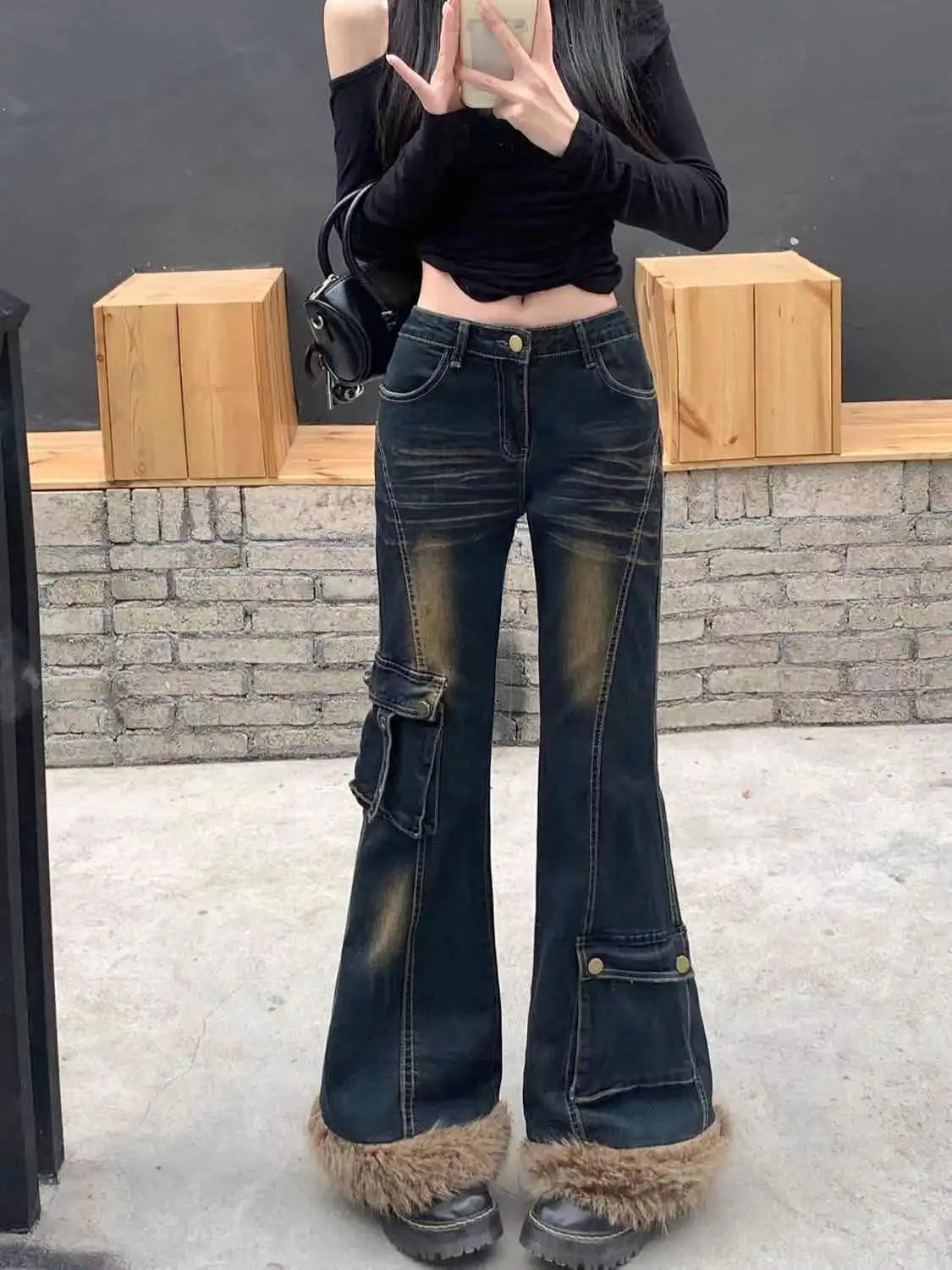 High Street Vintage Jeans Women Low Rise Y2K Faux Fur Denim High Street Vintage Jeans Women Low Rise Y2K Faux Fur Denim