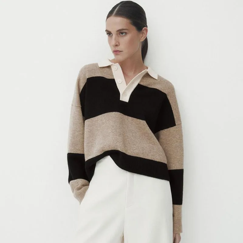 

Autumn and Winter New Women's Casual Spliced Striped Shirt Knitted Shirt