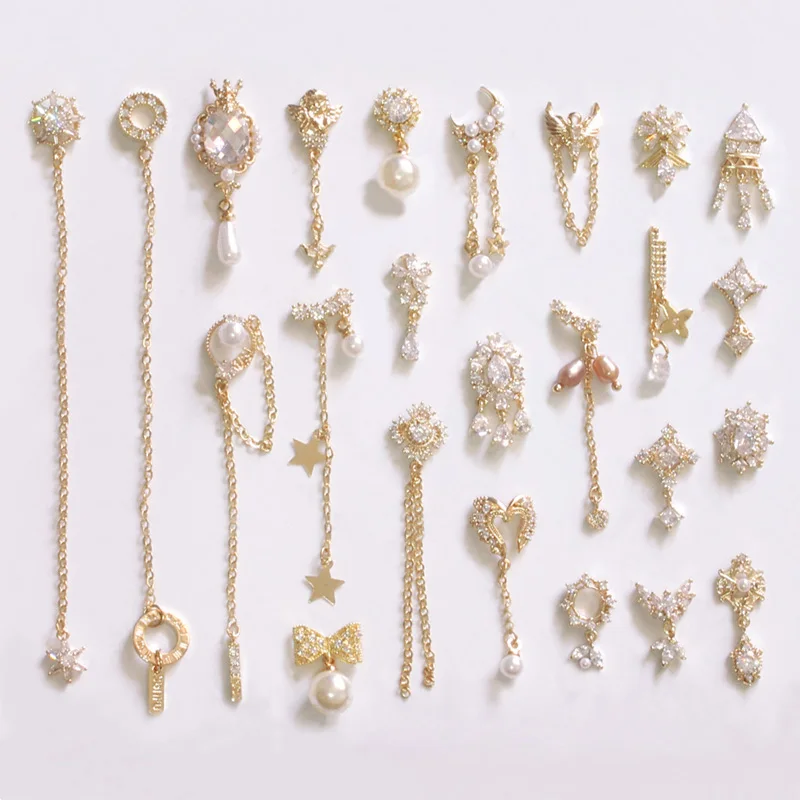 10pcs Luxury Star Moon Love Heart Chain Nail Art Zircon Pearl Metal Manicure Nails Accessories DIY Decorations Supplies Charms 2