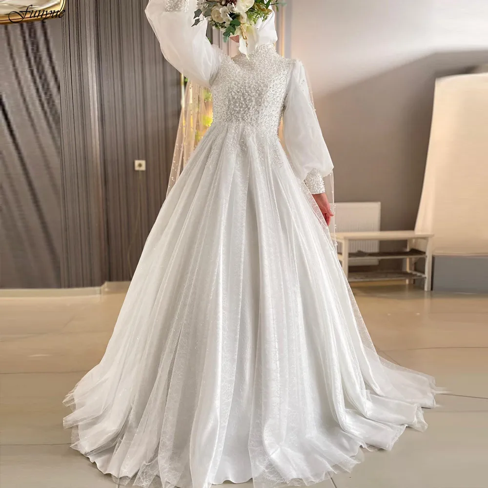 

Funyue Muslim Pearls Lace Luxury Bridal Dresses High Neck Arabic Dubai Hijab Wedding Gown for Bride Long Sleeve Robes De Mariée