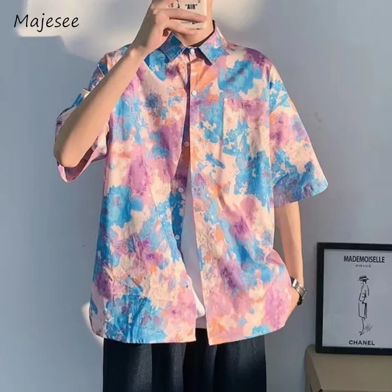 

Printed Shirts Men Summer Fashion Teenagers Tie-dye Youthful Korean Style Dress Up Handsome Chic Breathable Half Sleeve Daily