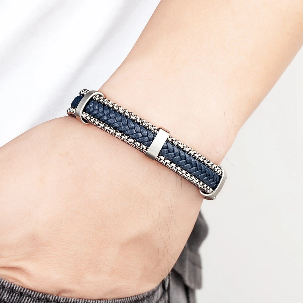 TYO New Arrivel Punk Design Chain Stainless Steel Braid Leather Bracelet for Men Magnetic Buckle Charm Jewelry Gifts Customized - Image 6