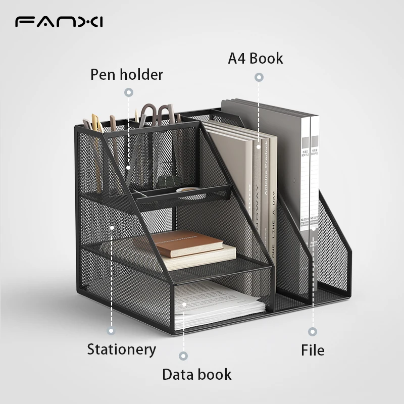 Desk Organizer with File Holder, Desk Organizers with 3 Tier Letter Trays and 2 Pen Holders, Mesh Desk Accessories & Workspace - 3