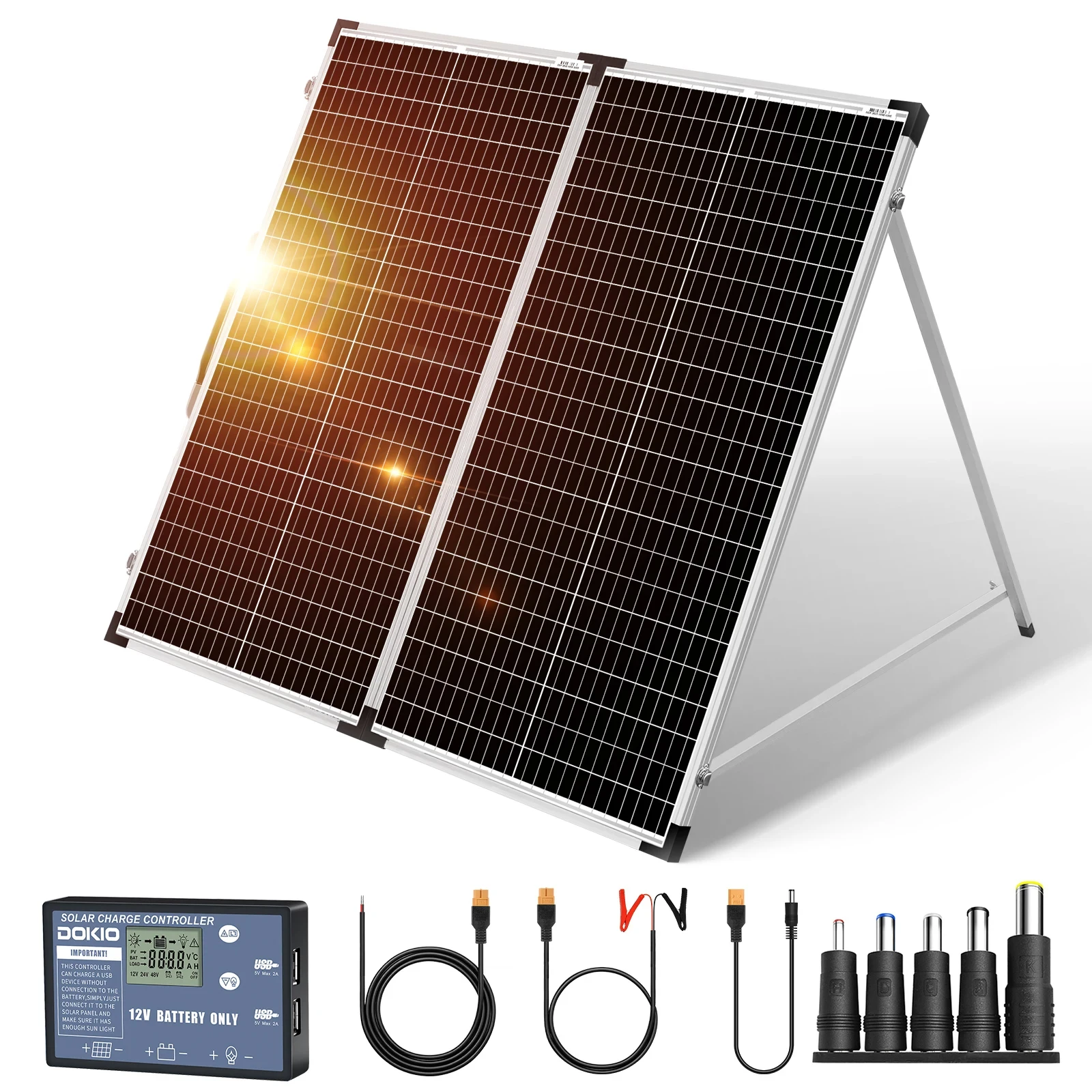 DOKIO FSP-80x2M 2PCS x 80W Foldable Solar Panel 18V+5V 2A USB 10A 12V 24V Controller Panel Solar Easy to Carry Cell System Charger