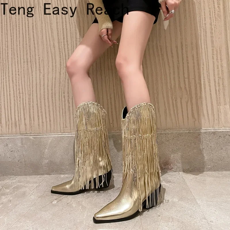 2024 Women's Silver Tassel Western Boots Fashion Spring and Autumn Pointed Thick Heels Western Boots Gold Green Pink Black