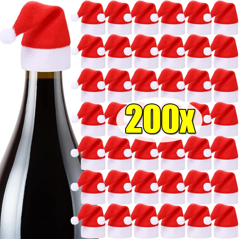 2/200PCS Velvet Mini Santa Hats Wine Bottle Covers Christmas Tableware Holder Lollipop Caps Bottles Bags Xmas Home Party Decor