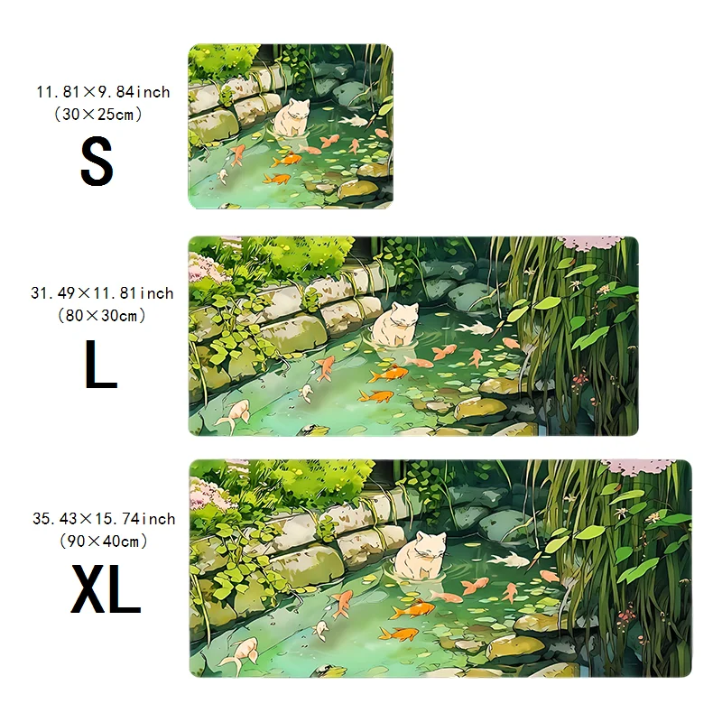 Large mouse pad with Naughty cat and koi pond design, 2mm non-slip rubber base, natural rubber material, rectangular gaming mous 6