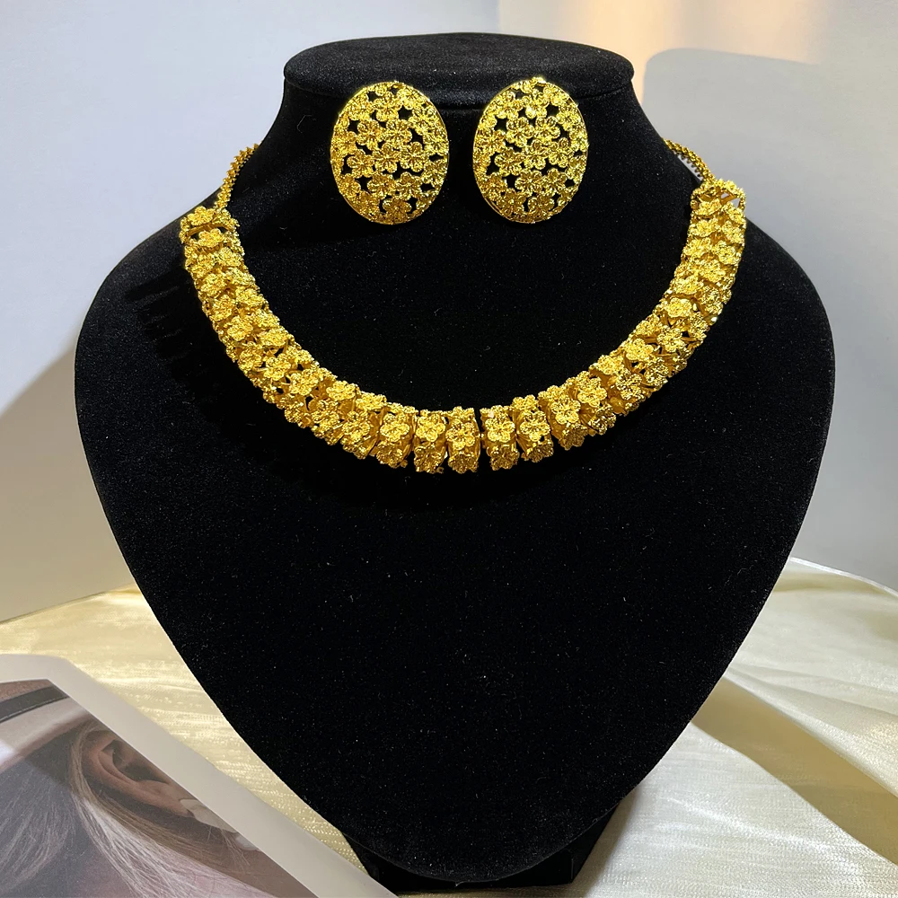 2298714-ebf0f8.jpg Sc02e46c9afcb4518a51619d1e4760654M Dubai Fashion Women's Flower Sweater Long Necklace 24K Gold-Plated Middle Eastern Luxury Flower Earrings Copper Jewelry Two-Pieces Mallzona