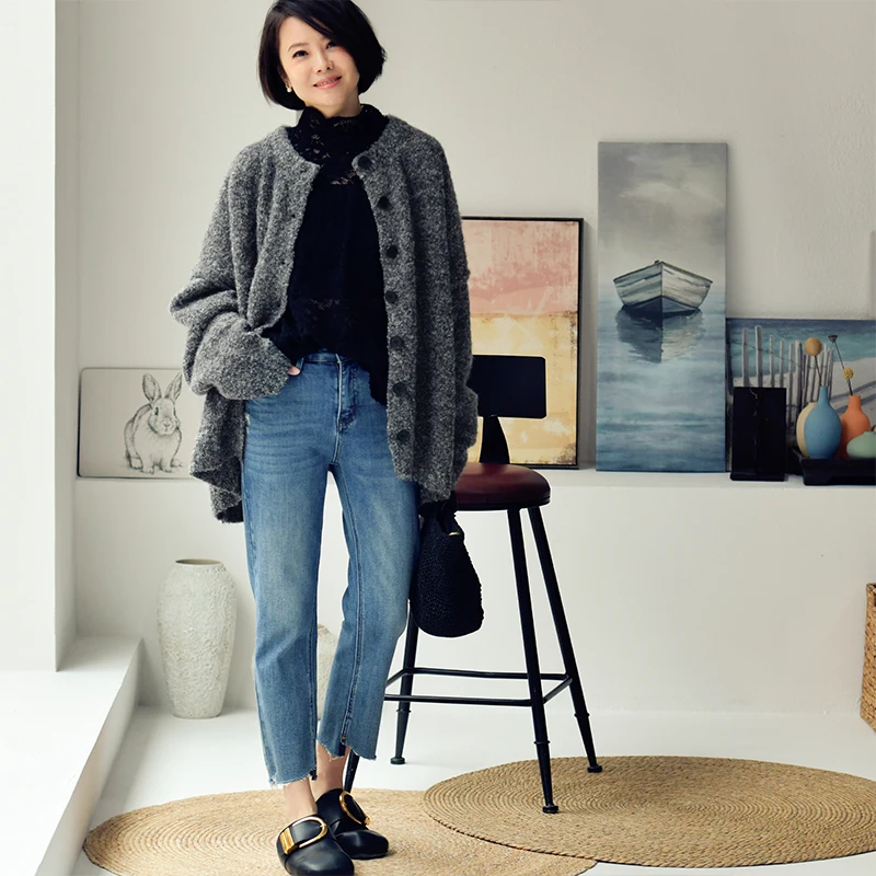 MICOCO W5061C Soft waxy loose round neckline sweater cardigan coat women comfortable all matching temperament simple 2
