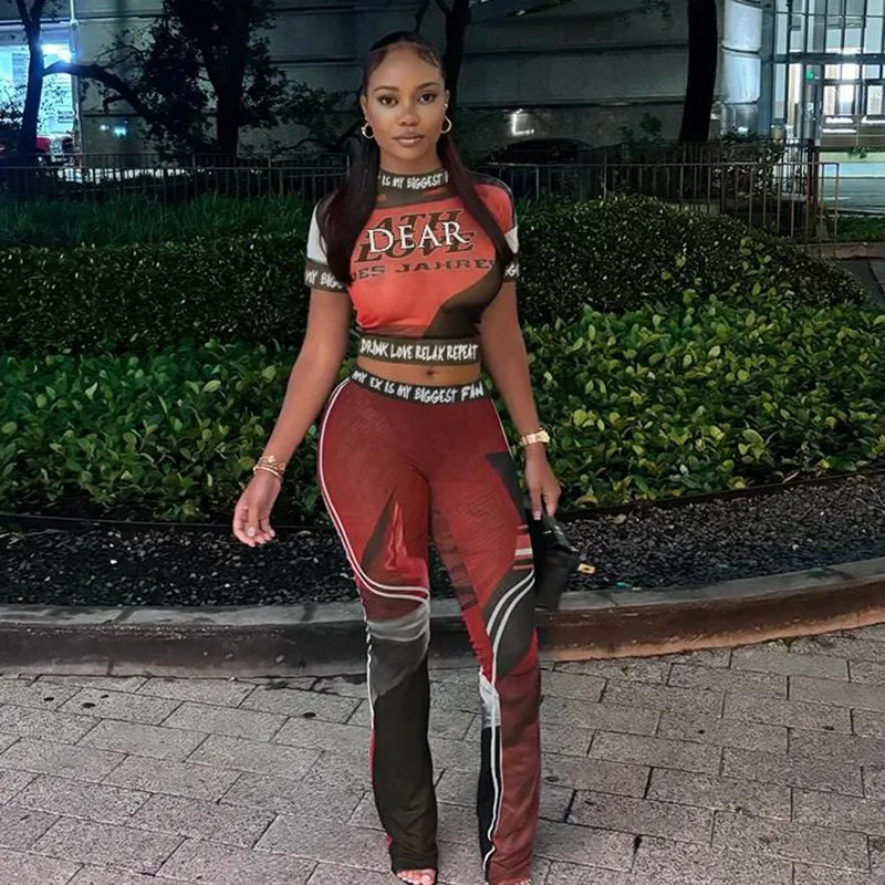 2024 Summer Mesh See Through 3D Printed 2 Piece Set Women O Neck Short Sleeve Crop Tops Contrast Colors Pants Casual Streetwear