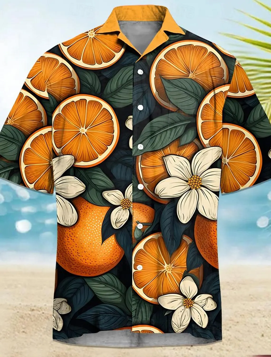 thumbnail image 1 of Camisa de hombre con estampado tropical de piña, camisa hawaiana de verano, informal, para vacaciones, verano, primavera, camisa de manga corta con cuello vuelto, tela elástica, 1 of 5