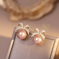 Sparkling Rhinestone Bow Pearl Stud Earrings Light Luxury Fashion Jewelry Women Gifts Wedding Birthday - Image 2