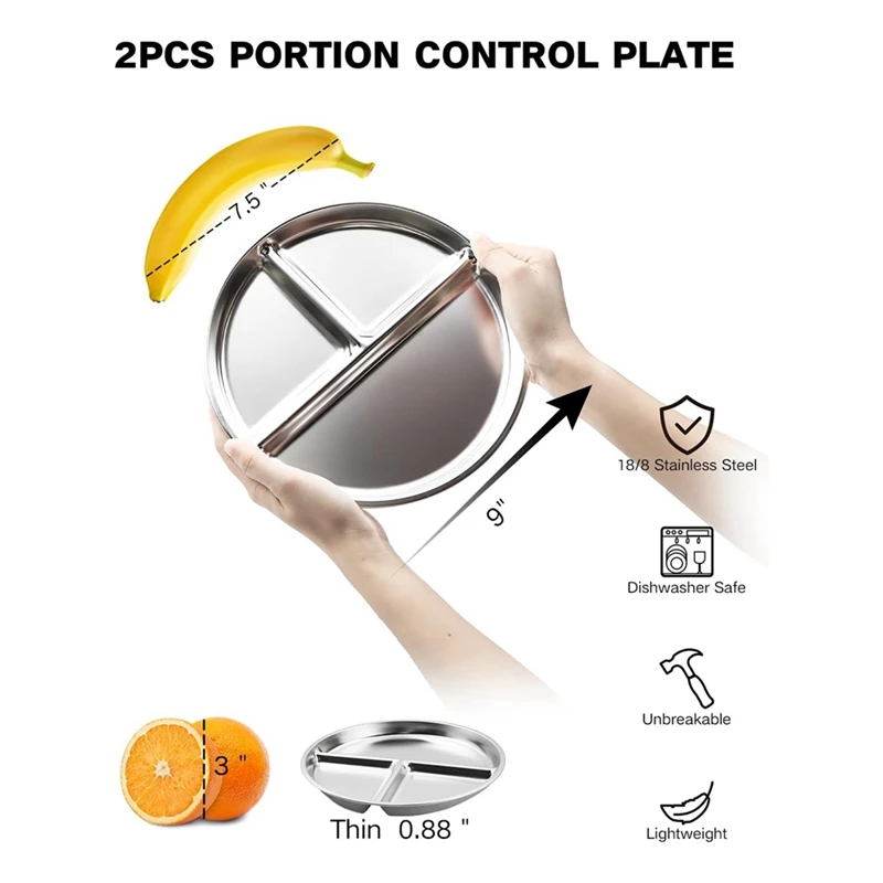 Stainless Steel Kids Plates 2 Packs,9Inch Portion Control Plate Divided Plates For Adults Bariatric Weight Loss Diabetic