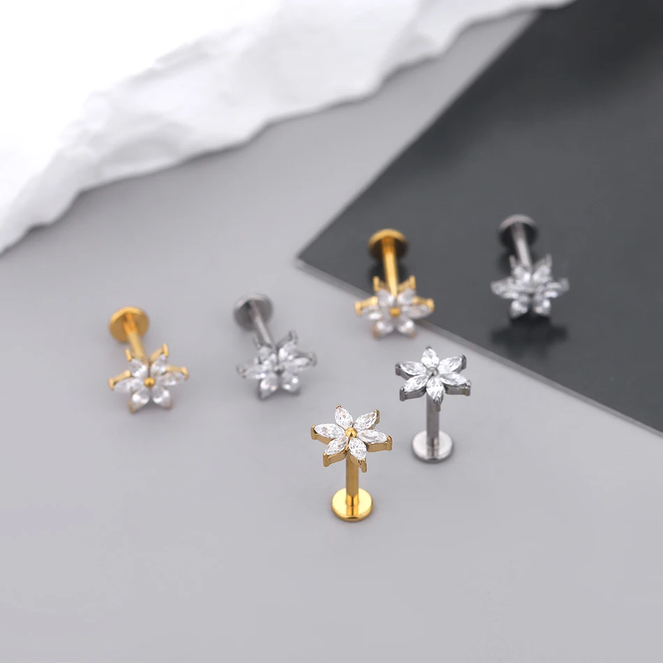 G23 티타늄 스터드 귀걸이, 6 Marquise CZ 꽃잎 꽃, 내부 스레드 라브렛 립 헬릭스 피어싱 바디 쥬얼리, 1 개, 5 개