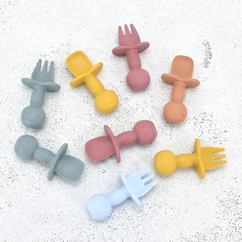2pcs/Set Food Grade Children Silicone Spoon Fork Cutlery Baby Training Complementary Food Spoon Baby Feeding cartoon Spoon&Fork 6