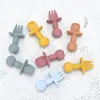2pcs/Set Food Grade Children Silicone Spoon Fork Cutlery Baby Training Complementary Food Spoon Baby Feeding cartoon Spoon&Fork 6