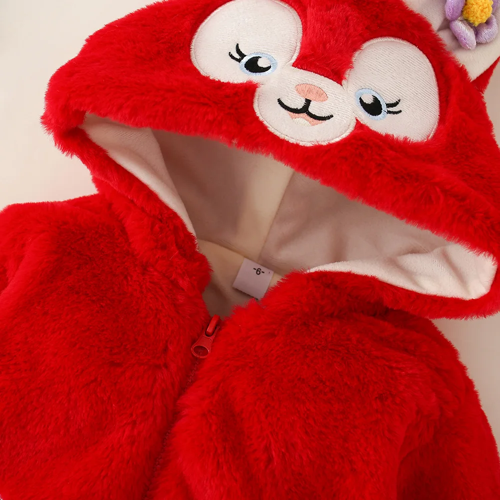 Girl's Fluffy Sweater With Cute Little Feet In Winter Cartoon Rabbit Hooded Zipper Cotton Jacket