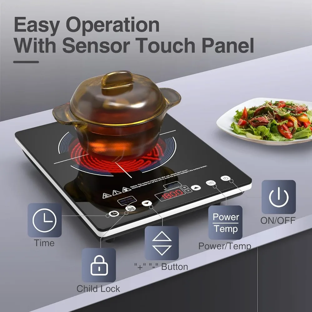 1800W ElectricTop with Touch Control, 9 Power Levels, Kids Safety Lock & Timer, Overheat Protection,110V Induction Cooktop