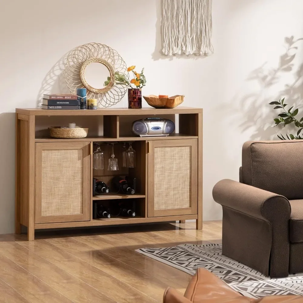 Coffee Bar Cabinet, Rattan Sideboard Buffet Cabinet with Storage, Boho Farmhouse Liquor Cabinet with Wine Racks Credenza