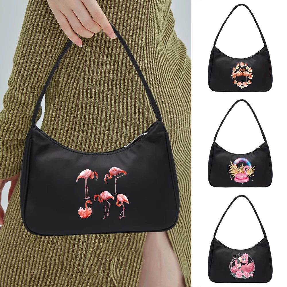 Fashion Women Pure Flamingo Print Shoulder Bags Casual All-match Underarm Bag Elegant Ladies Shopping Handbags Purse Armpit Tote