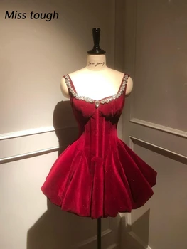 Autumn French Elegant Women Red Diamond-encrusted Velvet Halter Halter Dress Waist-cinching Slimming Flower Bud Mini Skirt 2025 1