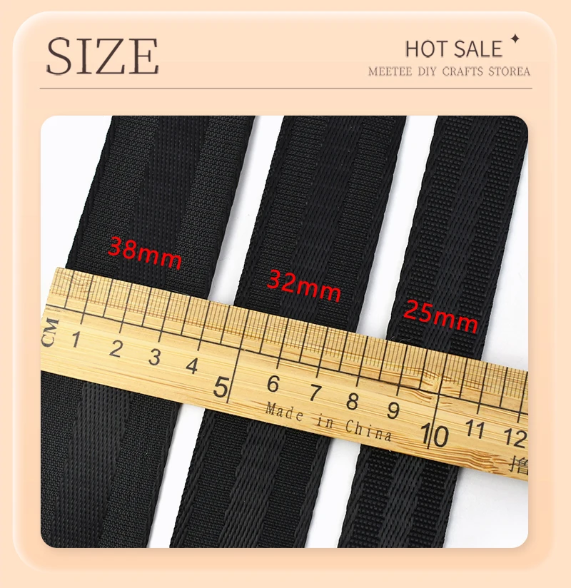 Description Picture 5 of item1-5M 25/32/38mm Nylon Webbing 1.2mm Thick Black Car Seat Belt Backpack Strap Sling Band Sewing Braid Binding Trim Hand Accessory